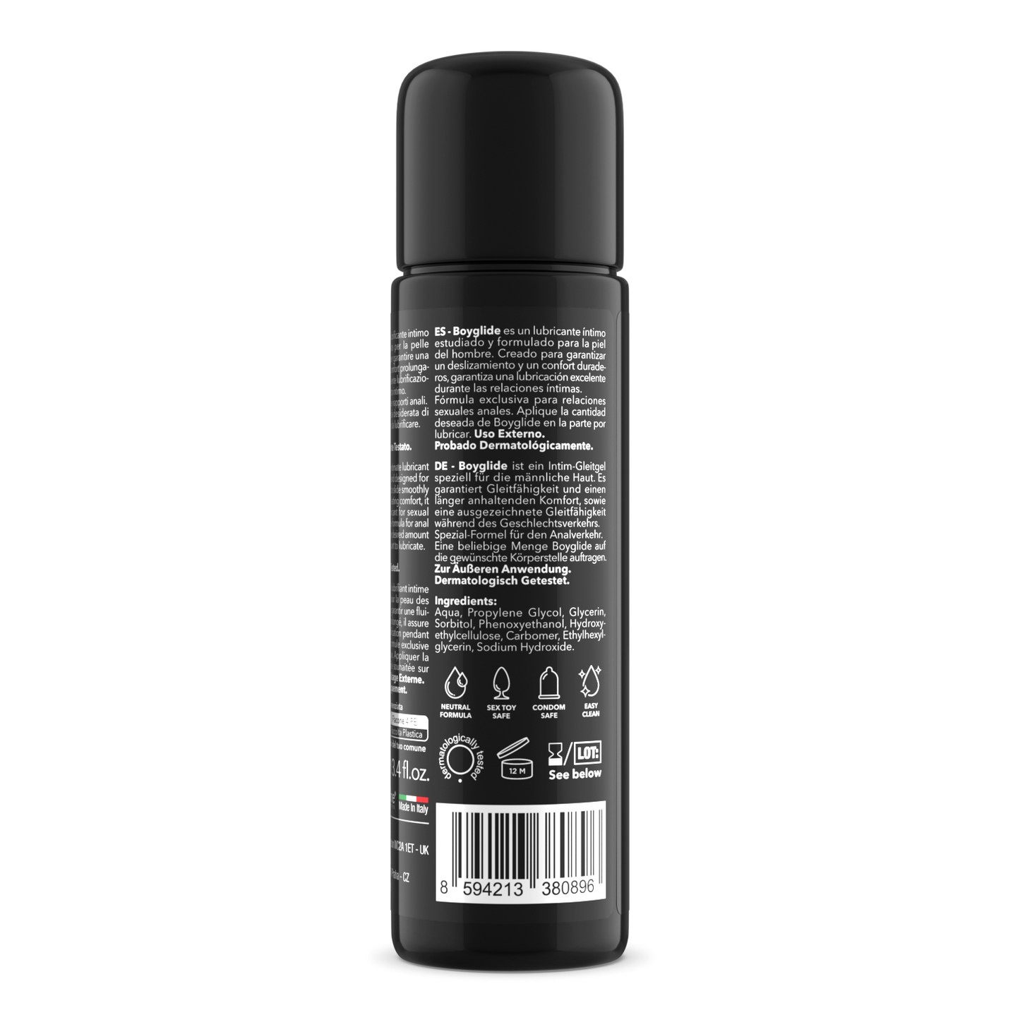 Black spray bottle label with text and icons on a white background