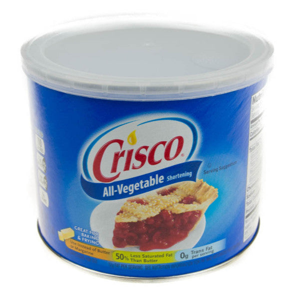 Can of Crisco all-vegetable shortening on a white background