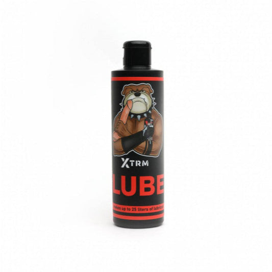 Bottle of XTRM LUBE with a bear graphic on a white background