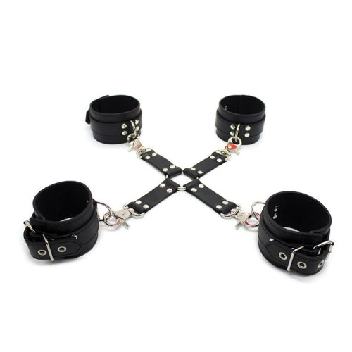 Black leather restraint set with handcuffs and ankle cuffs on a white background
