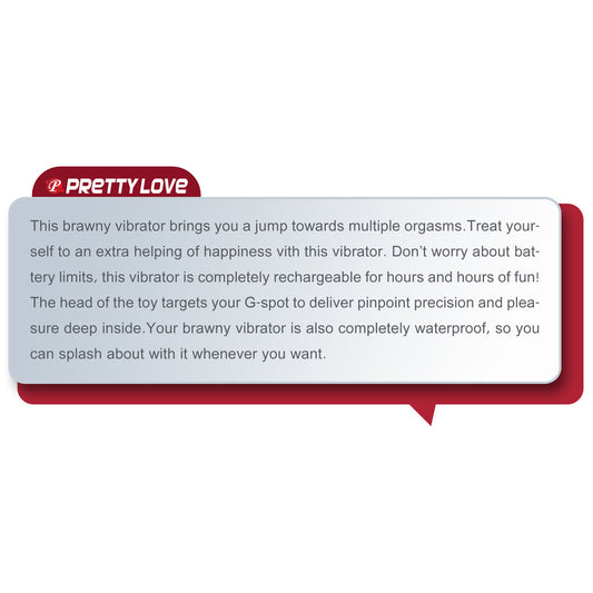 A promotional text box on a white background with a red and gray rounded rectangle and a small Pretty Love logo. The text describes a brawny vibrator, including features like multiple orgasms, rechargeability, waterproof design, and G-spot targeting.