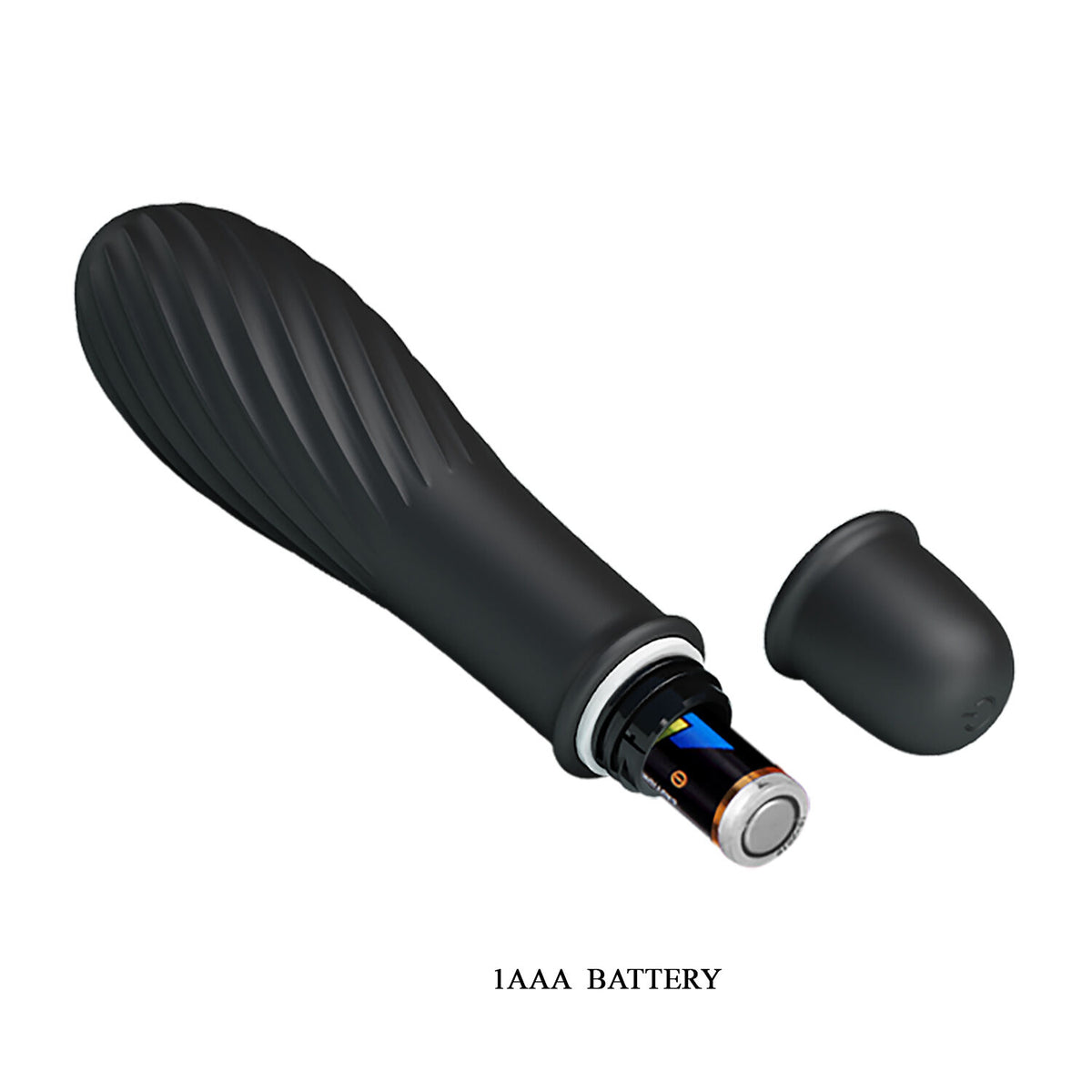 A black textured handheld personal massager with a separate black cap removed from the base, shown on a white background with the text '1 AAA BATTERY' below. The battery compartment is open to reveal a 1 AAA battery inside.
