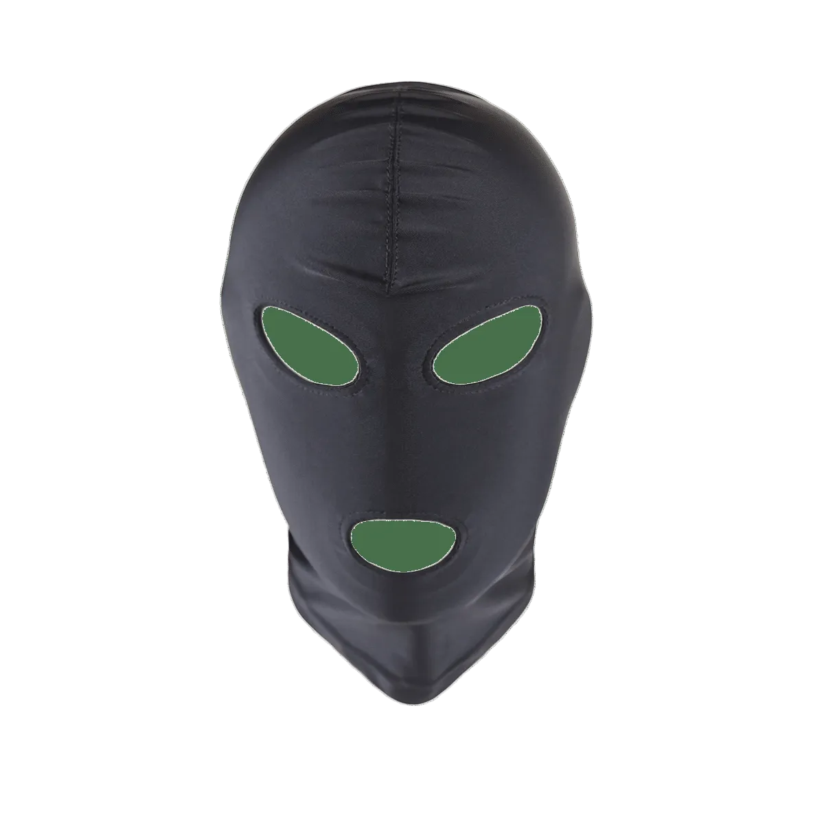 Black full-face mask with green eye holes on a transparent background