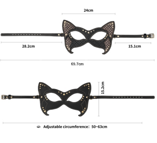 Black cat-eye mask with measurements on a white background