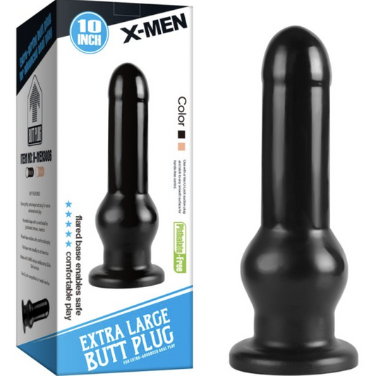 A black extra large butt plug shown next to its retail packaging box. The box is white and blue with 'X-MEN' branding and '10 INCH' highlighted in a blue circle.