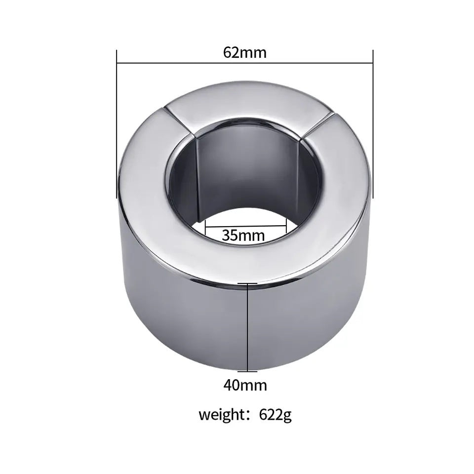 Chrome cylindrical object with dimensions and weight on a white background