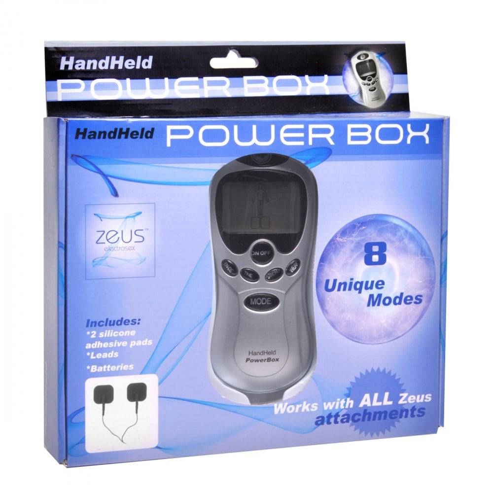 Zeus Electrosex- Handheld 8 Mode Power Box with Black Pads - Bondage Shop