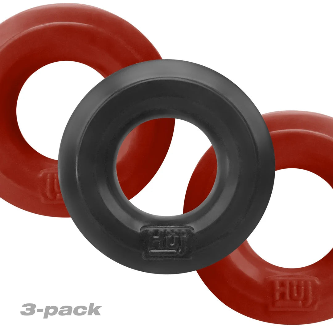 Black and red rubber rings with 'Huj' branding on a white background, labeled as a 3-pack.
