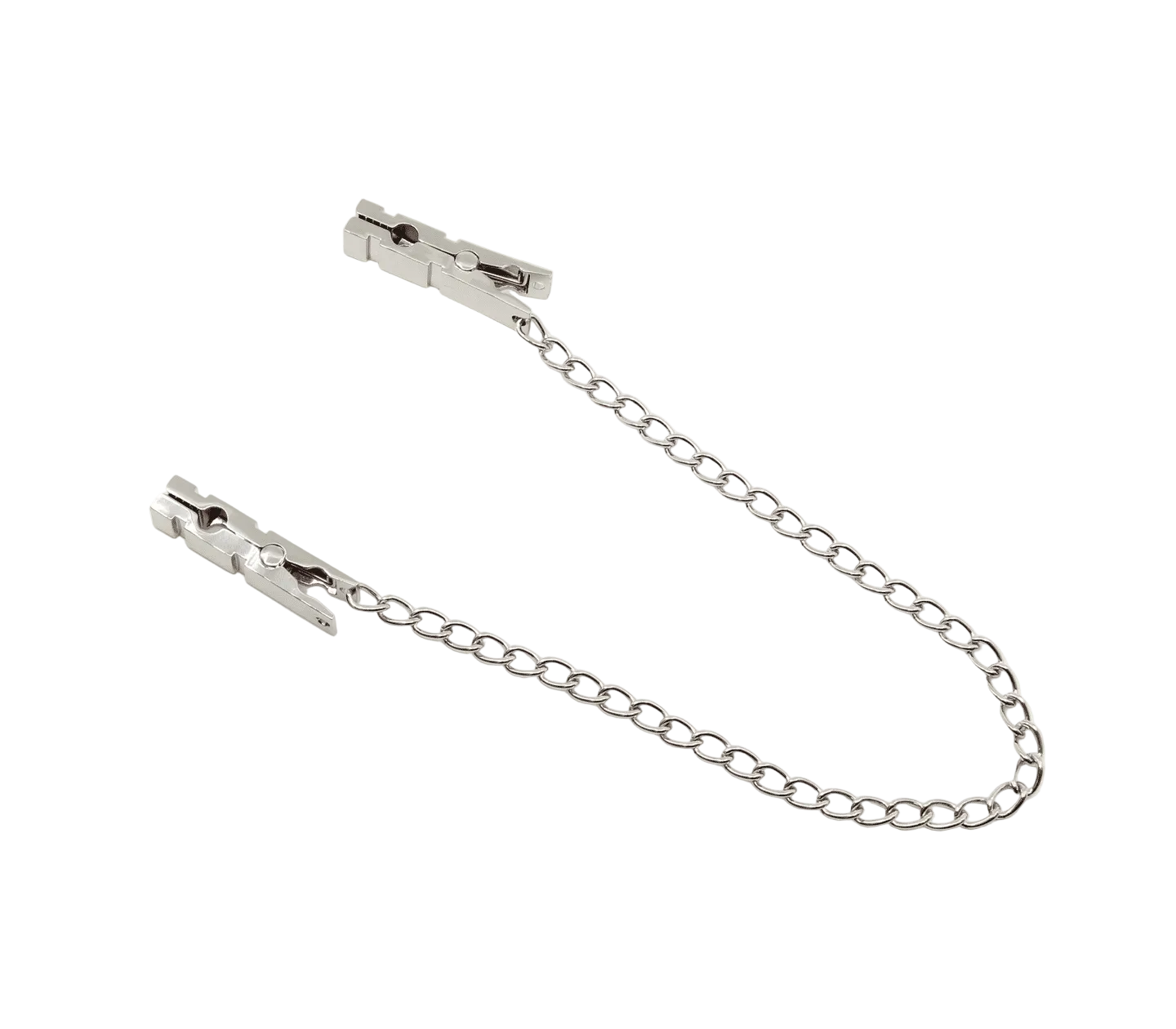 Silver chain with two clips on a white background