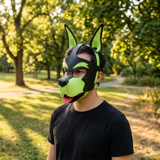 Pu leather dog mask Glow in the dark green with a park background