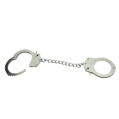 Metallic handcuffs with a chain on a white background