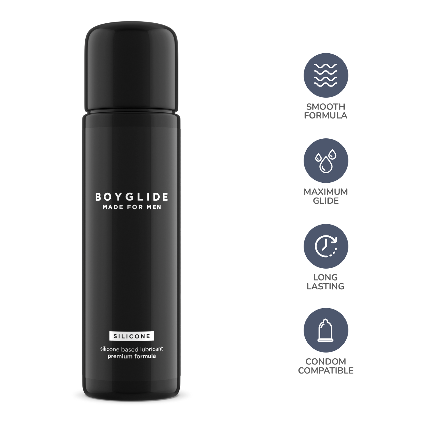 Black bottle of Boyglide lubricant with features listed on a white background