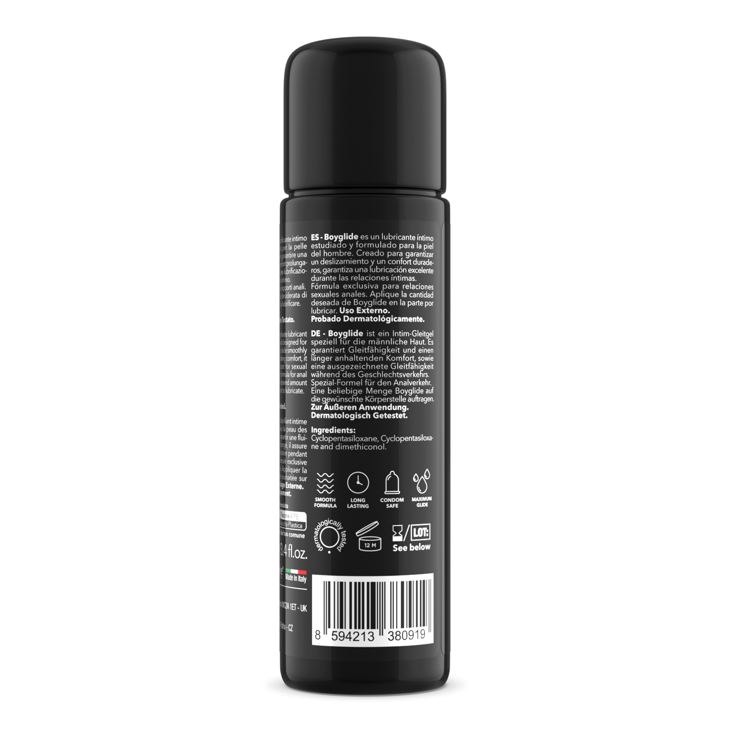 Black spray bottle with text and symbols on a white background