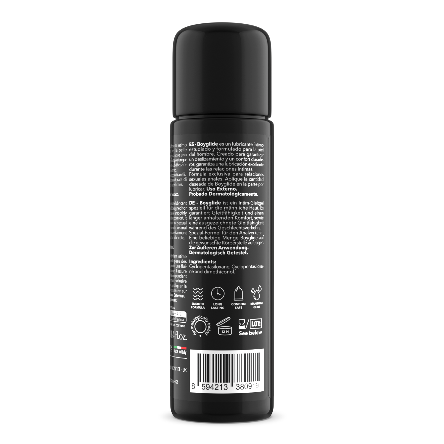 Black spray bottle with text and symbols on a white background