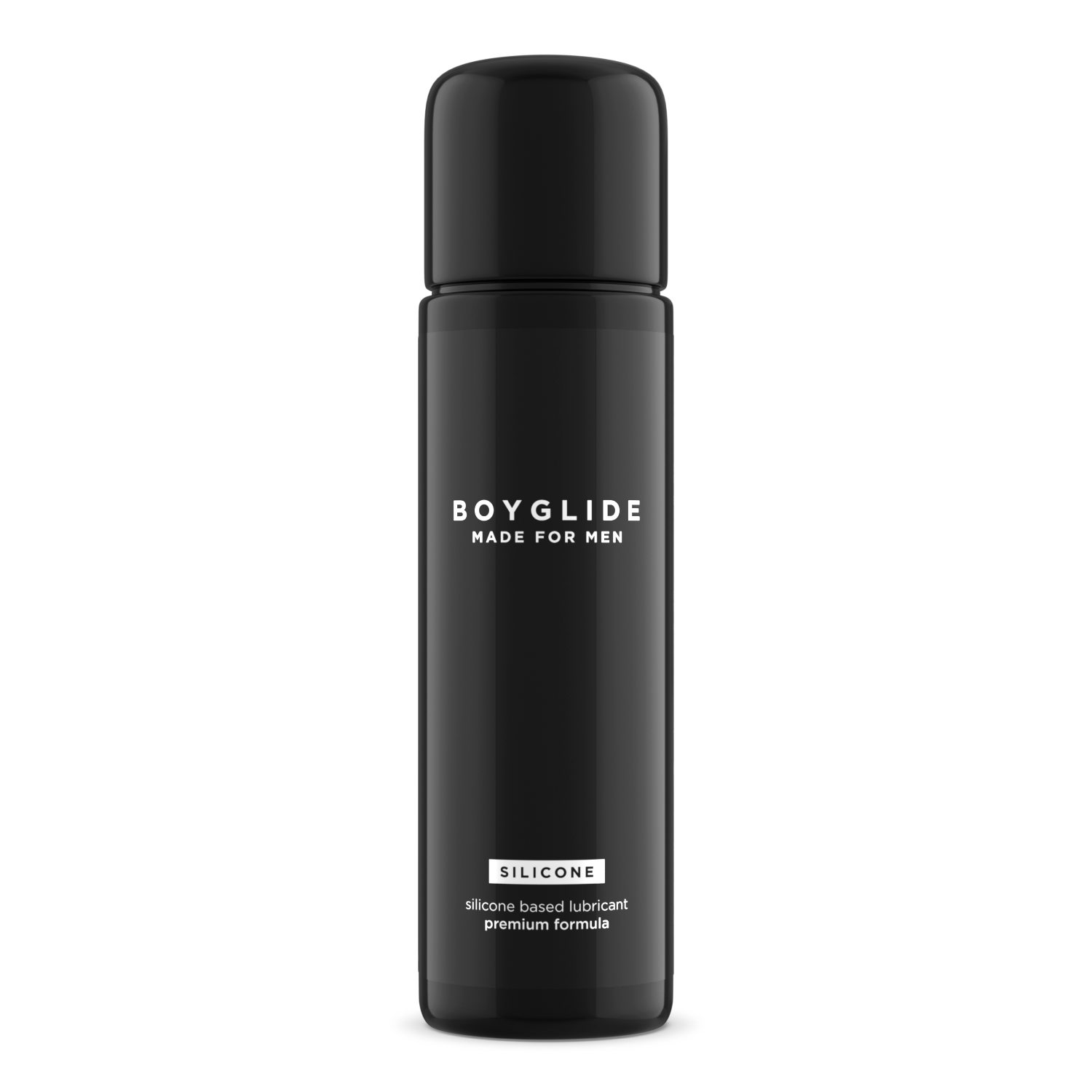 Black bottle of Boyglide silicone-based lubricant on a white background