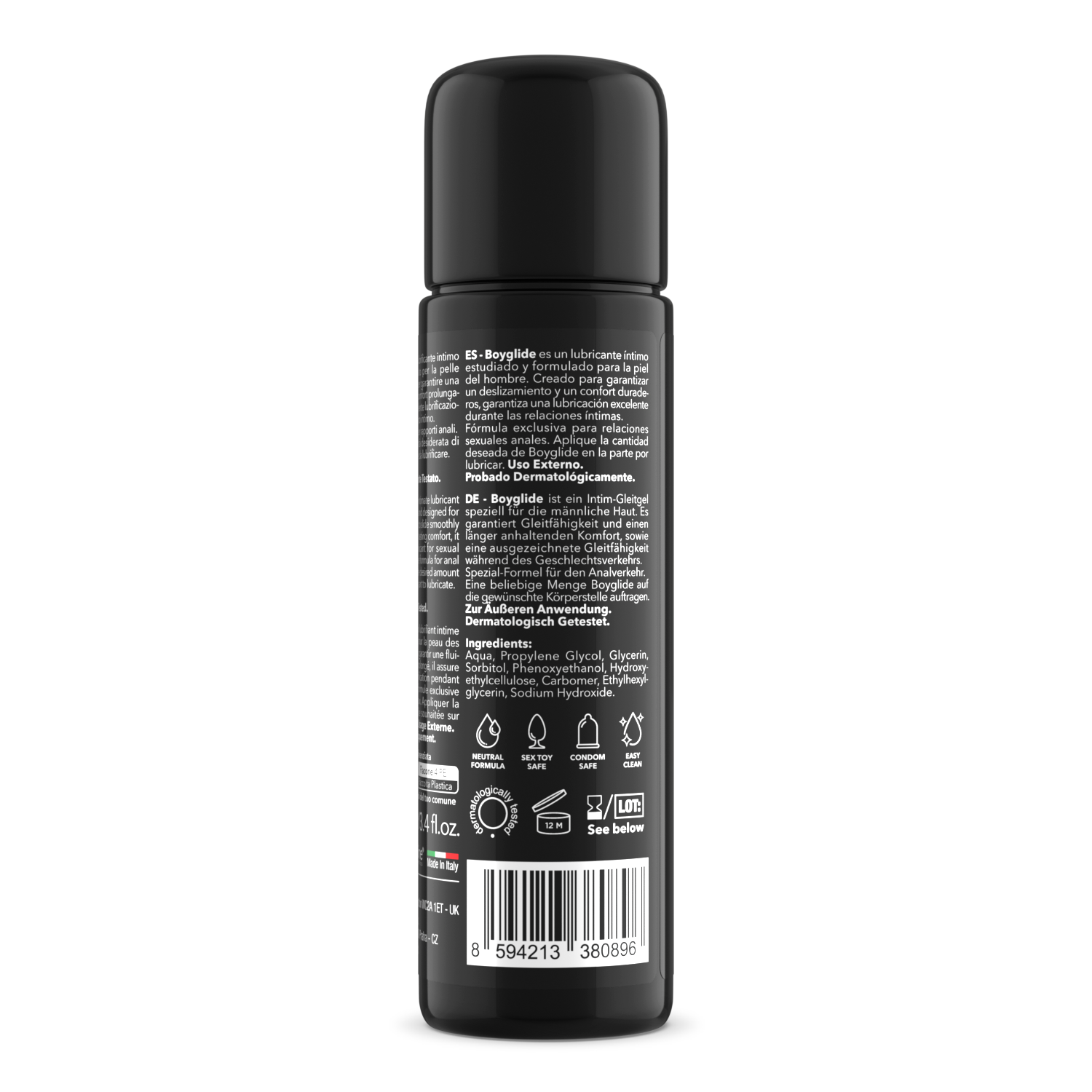 Black spray bottle label with text and icons on a white background