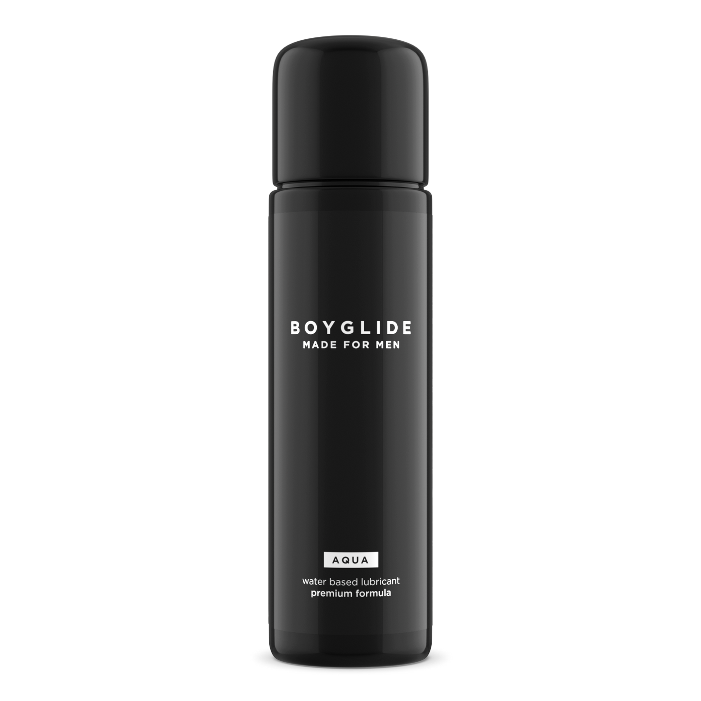 Black bottle of Boyglide Aqua on a white background