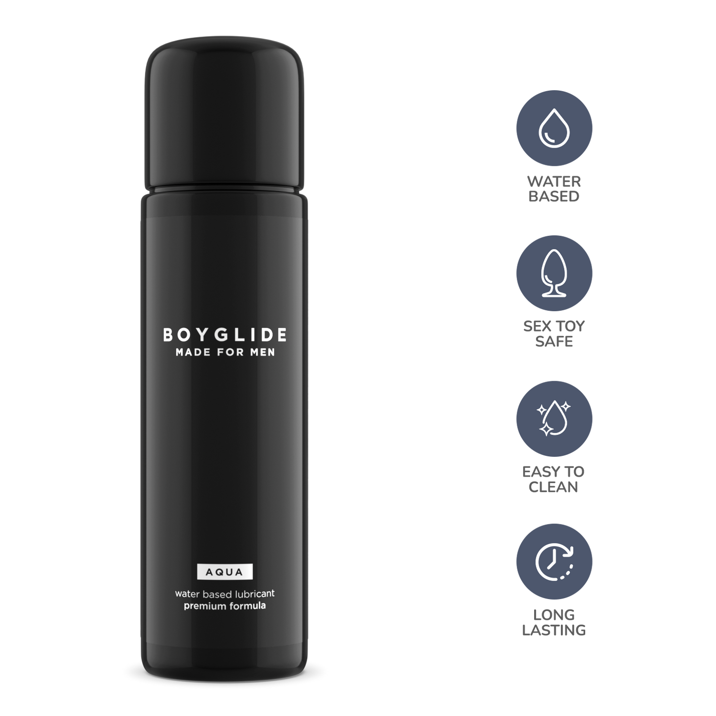 Black bottle of Boyglide lubricant with features listed on a white background