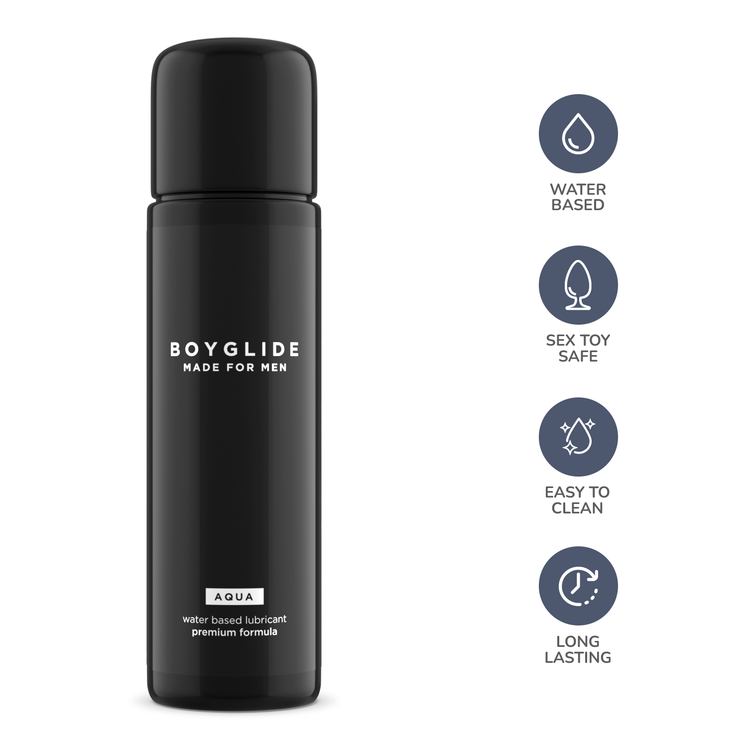 Black bottle of Boyglide lubricant with features listed on a white background