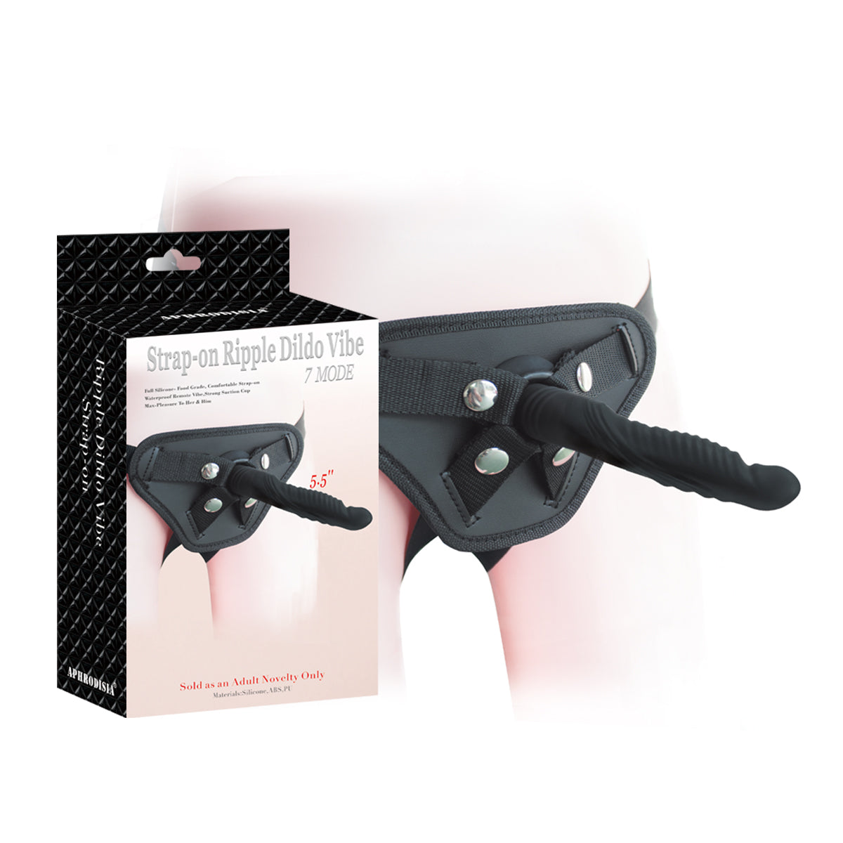 Strap-on ripple dildo vibe with packaging on a white background