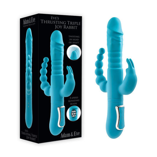 Adam & Eve EVES THRUSTING TRIPLE JOY RABBIT - Teal 25 cm USB Rechargeable Thrusting Rabbit Vibe with Anal Tickler