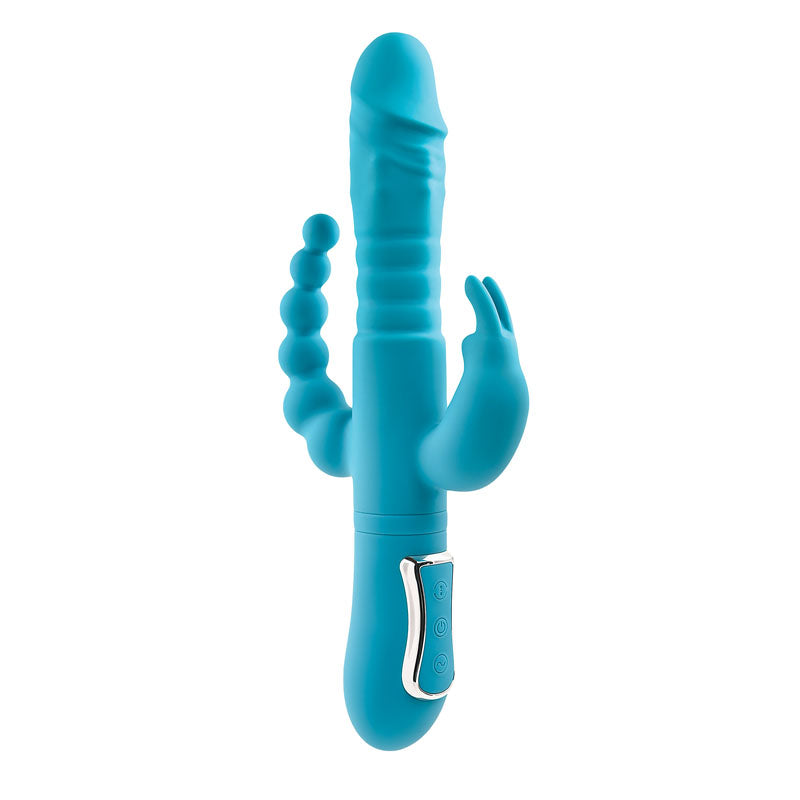 Adam & Eve EVES THRUSTING TRIPLE JOY RABBIT - Teal 25 cm USB Rechargeable Thrusting Rabbit Vibe with Anal Tickler