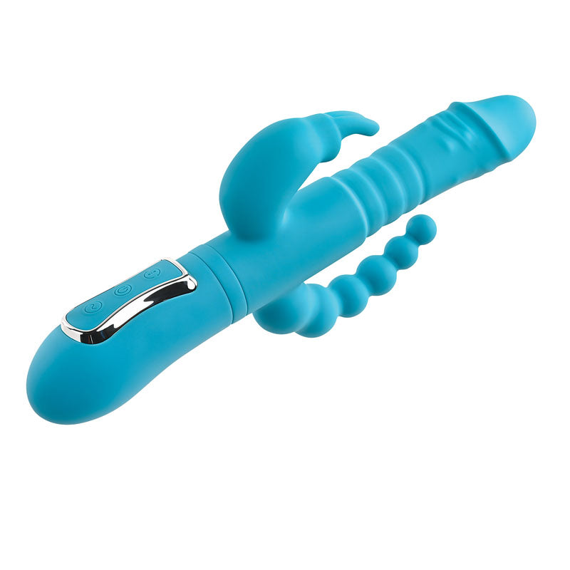 Adam & Eve EVES THRUSTING TRIPLE JOY RABBIT - Teal 25 cm USB Rechargeable Thrusting Rabbit Vibe with Anal Tickler