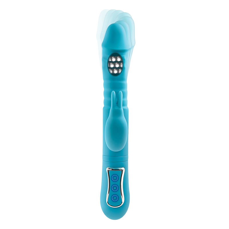 Adam & Eve EVES THRUSTING TRIPLE JOY RABBIT - Teal 25 cm USB Rechargeable Thrusting Rabbit Vibe with Anal Tickler