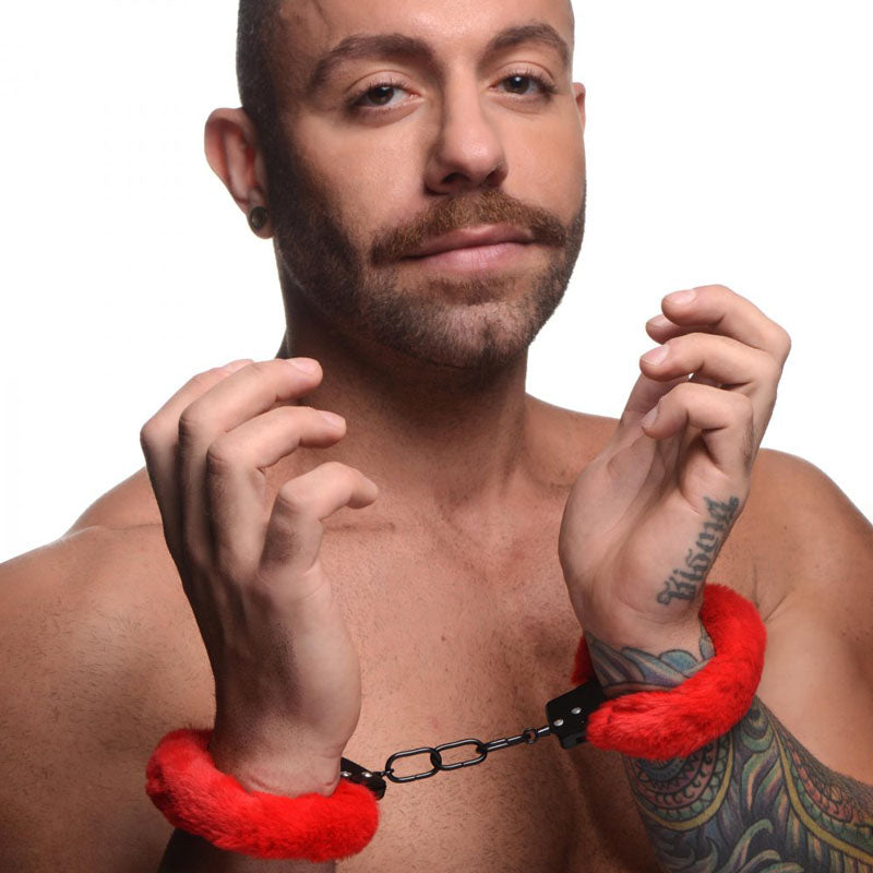 Master Series Cuffed in Fur - Red Fluffy Handcuffs