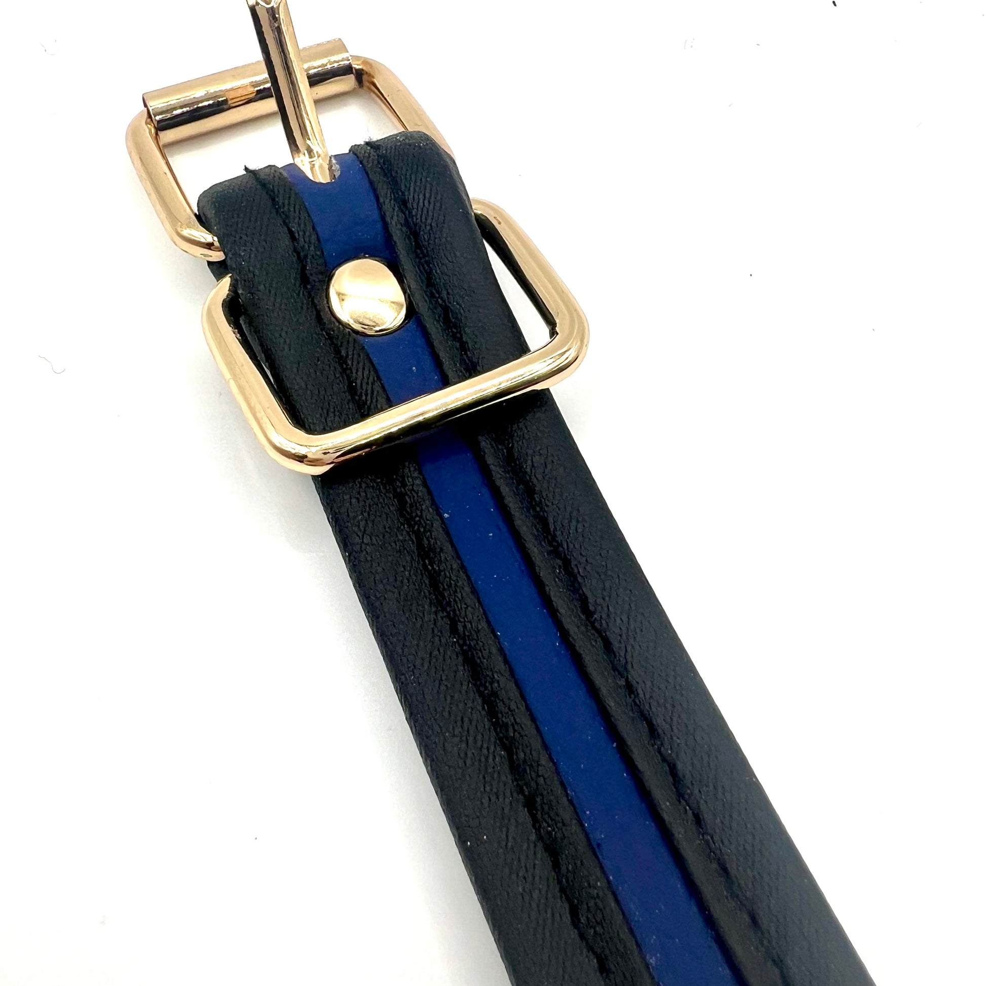 Black and blue leather belt with a gold buckle on a white background , Ball Stopper Gag - Blue