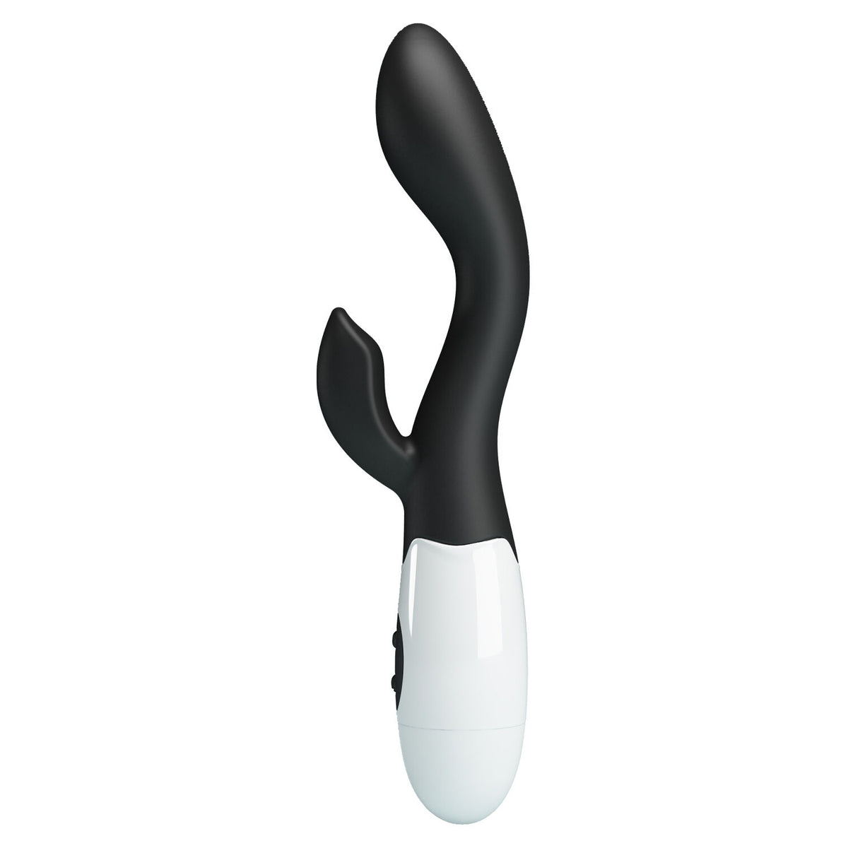 A modern curved personal massager with a matte black silicone body and a glossy white base, shown against a solid white background.