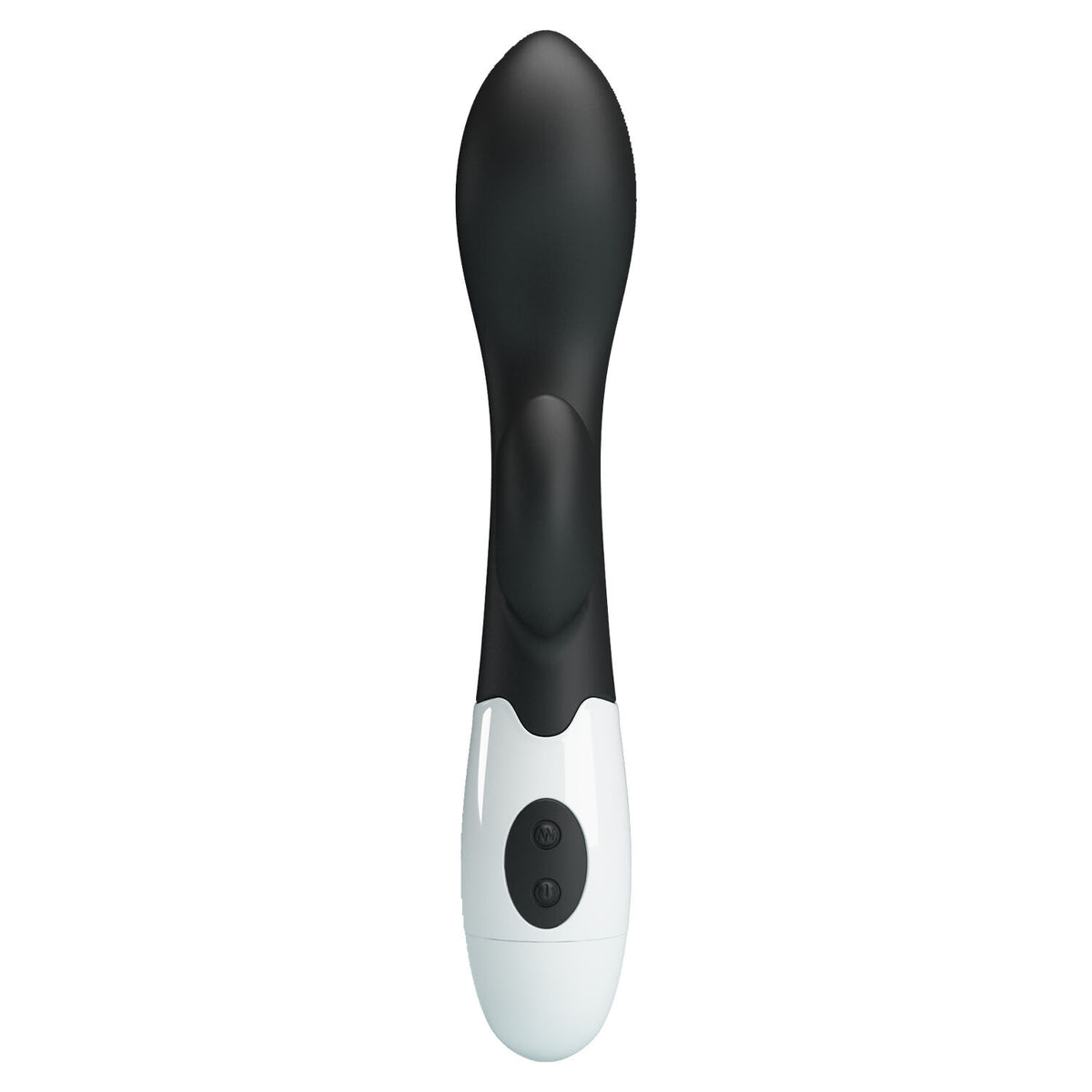 A handheld personal massager with a matte black silicone head and a white and black handle, shown vertically against a plain white background.