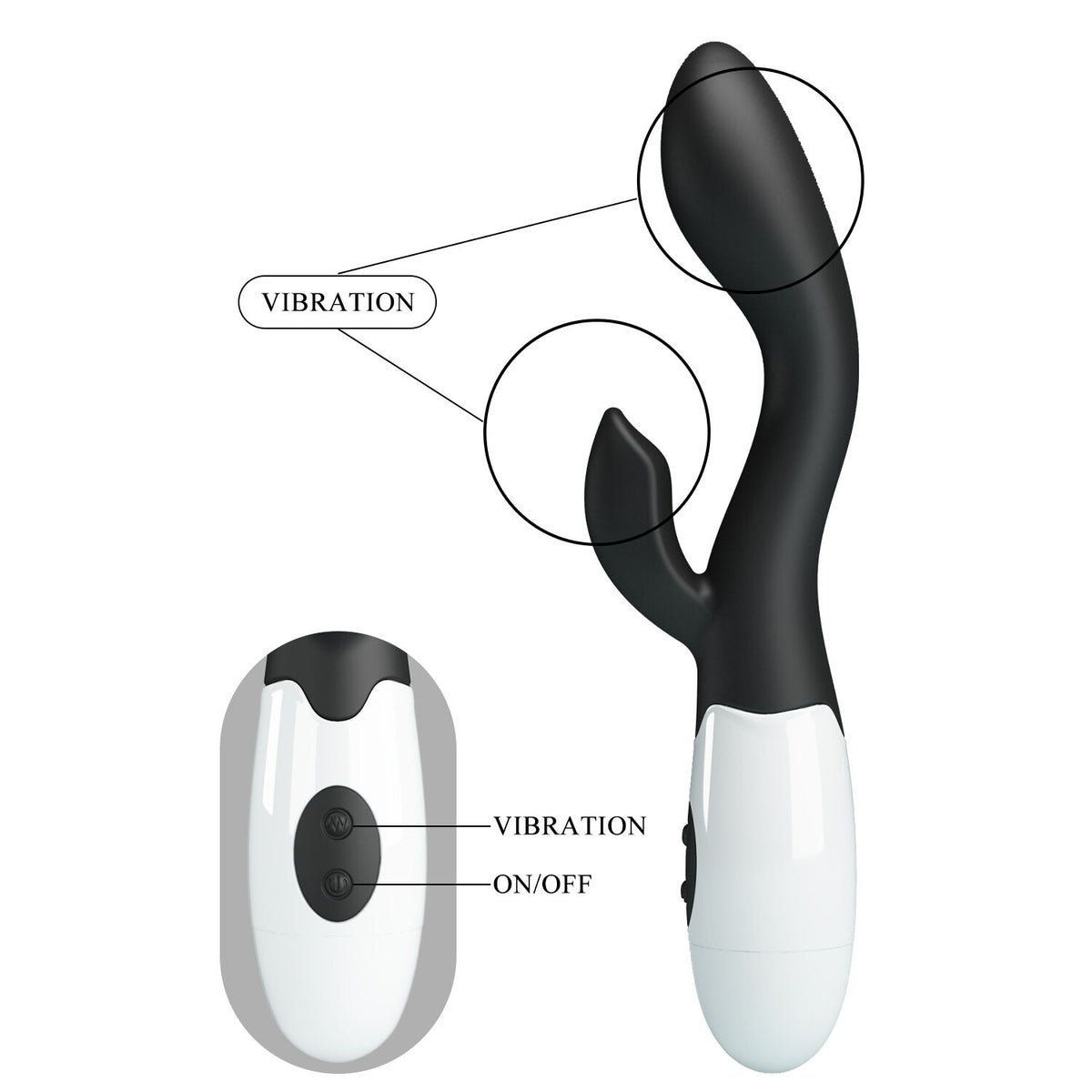 Black and white device with vibration and on/off controls labeled