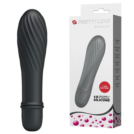 A dark gray ribbed silicone personal massager shown next to its retail packaging box. The box is white with pink bubble accents and features the brand name 'PRETTY LOVE' and model name 'Solomon'. "SOLOMON" Black Vibrator