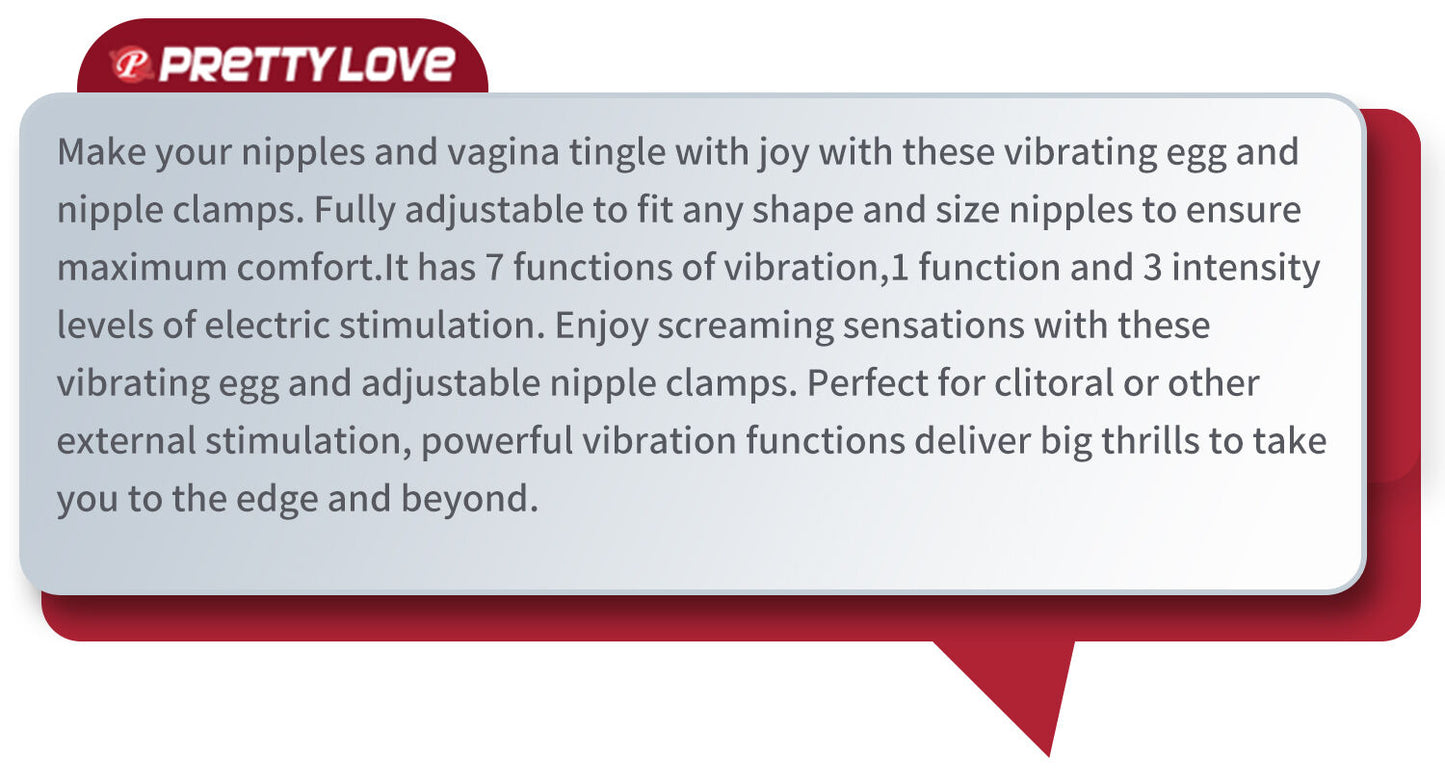 A promotional text graphic for an adult novelty product. The graphic features a large white rounded rectangle with black text describing a vibrating egg and nipple clamp, set against a dark red background with a 'PRETTY LOVE' logo in the top left corner.