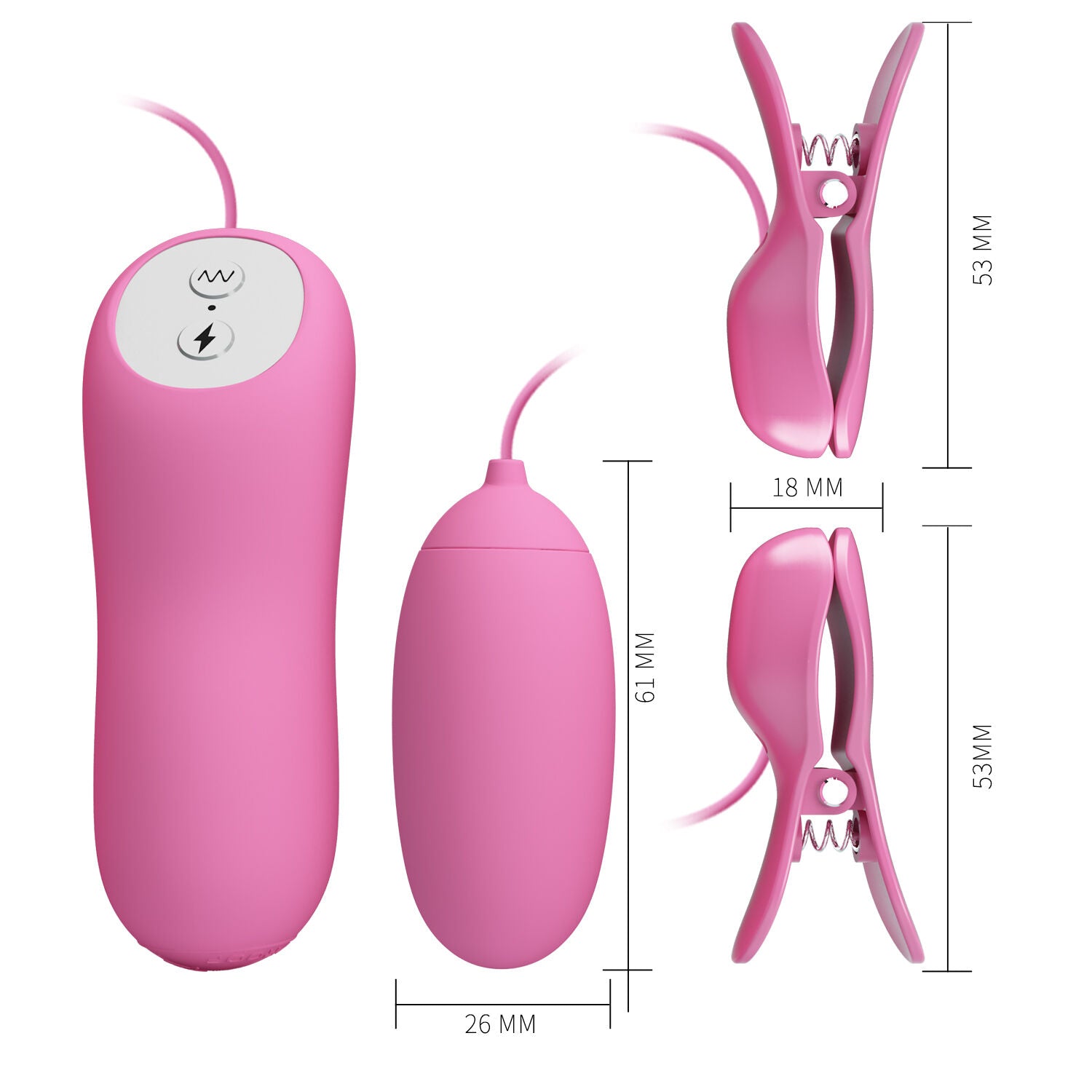 Pink electronic device with attachments and measurements on a white background