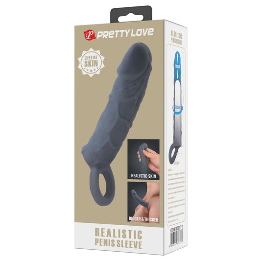 Product packaging of a 'Realistic Penis Sleeve' by Pretty Love on a white background