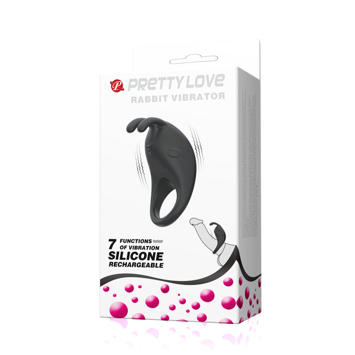 Package of a black rabbit vibrator cockring with branding and product details on a white background