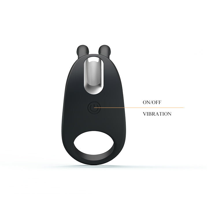 Black cockring device with on/off and vibration indicators on a white background