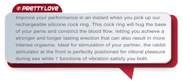 Advertisement for a rechargeable silicone cock ring with text describing its features and benefits.