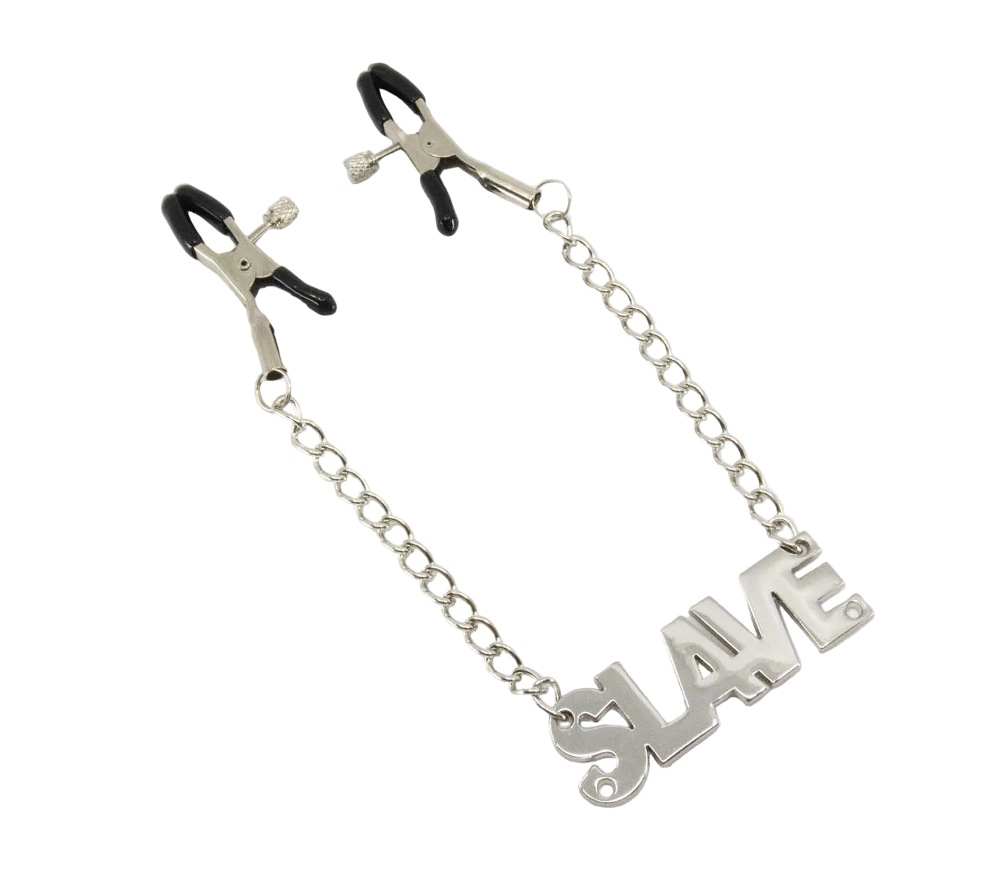 Metal clamps with a chain and 'SLAVE' pendant on a white background