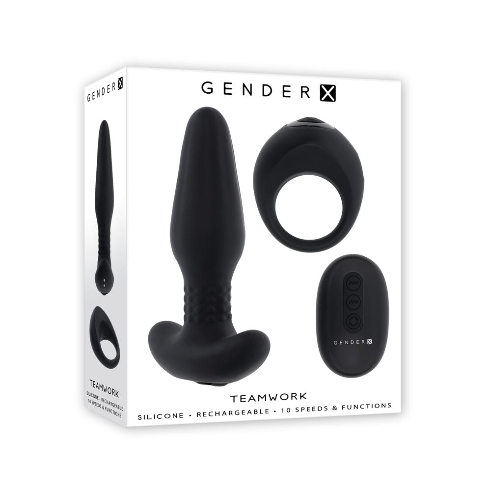 Gender X TEAMWORK - Black USB Rechargeable Rimming Butt Plug & Vibrating Cock Ring