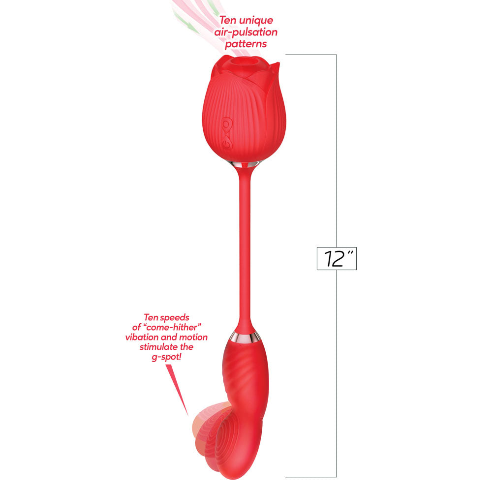 Wild Rose Come Hither & Suction Vibrator - Red USB Rechargeable Air Pulse Stimulator and Vibrator