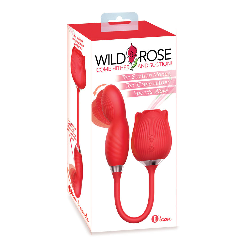 Wild Rose Come Hither & Suction Vibrator - Red USB Rechargeable Air Pulse Stimulator and Vibrator