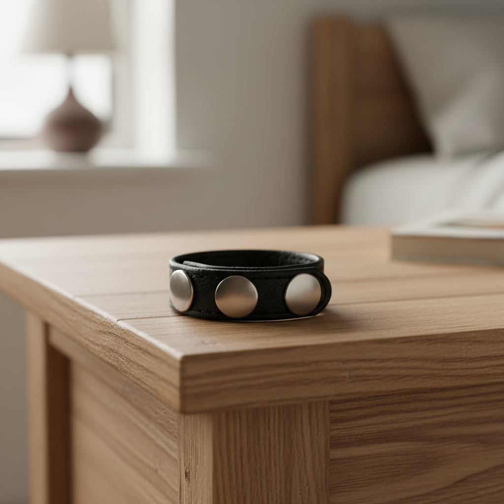 Black leather cockring with silver studs on a wooden surface in a blurred indoor setting