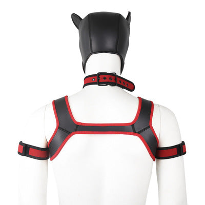 Black and red harness with a helmet on a white background