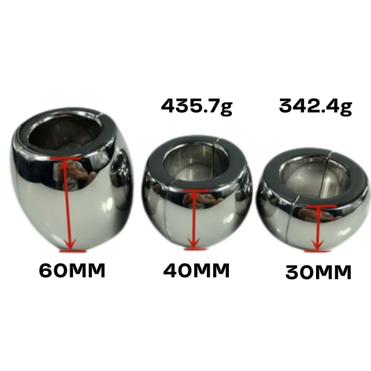 Three metallic rings with measurements and weights on a white background