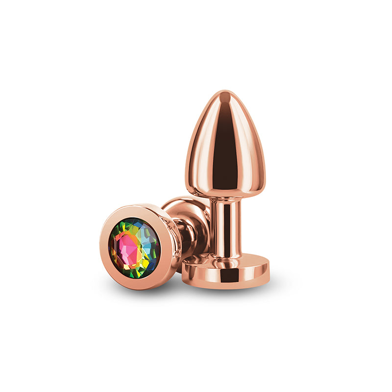 Rear Assets Petite - Rose Gold with Rainbow Gem - Rose Gold 6 cm Metal Butt Plug with Rainbow Round Gem Base