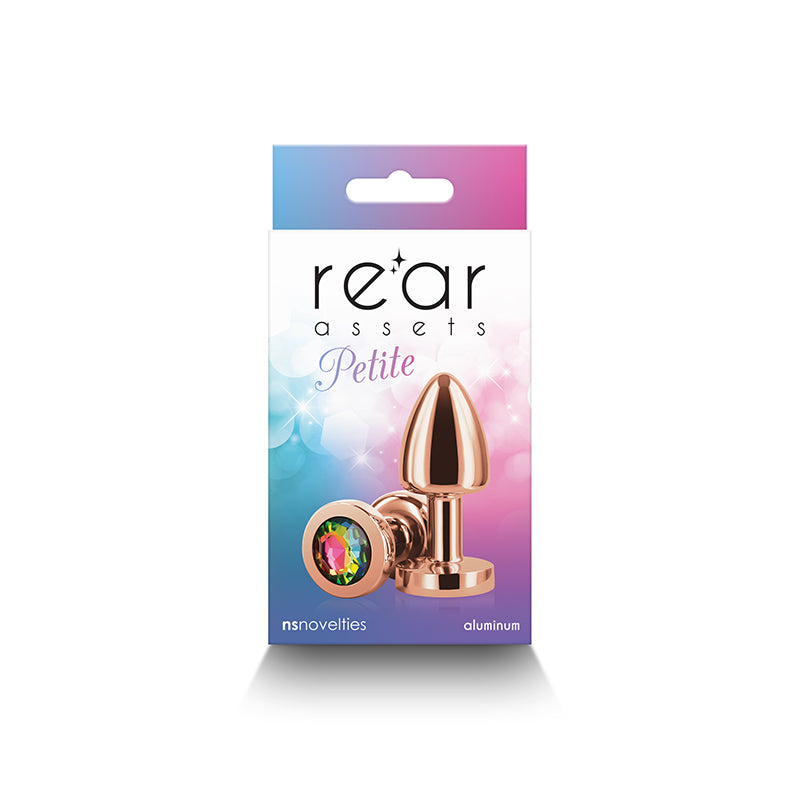 Rear Assets Petite - Rose Gold with Rainbow Gem - Rose Gold 6 cm Metal Butt Plug with Rainbow Round Gem Base