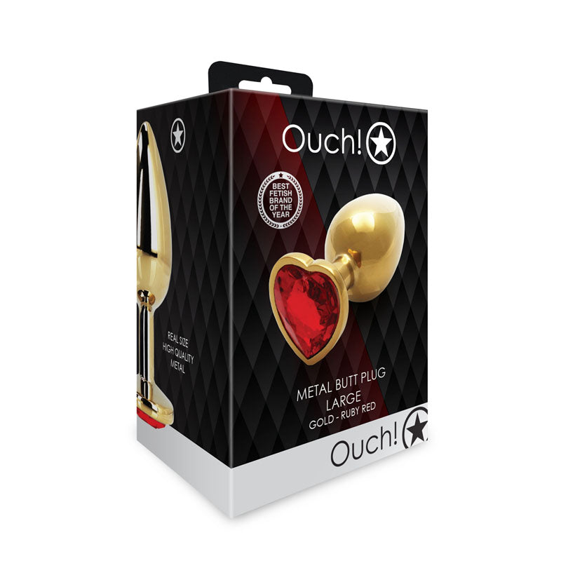 OUCH! Heart Gem Gold Butt Plug - Large - Gold 9.3 cm Large Butt Plug with Heart Gem Base